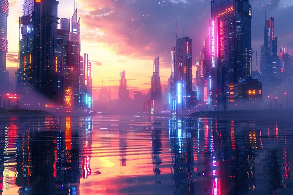 Futuristic cityscape at twilight, neon lights reflecting in the water, showcasing innovation and urban beauty