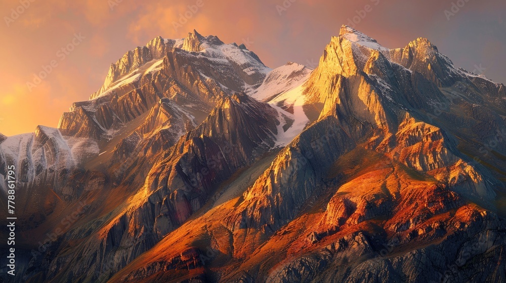Majestic mountain range at sunset, golden light casting shadows, embodying adventure and the great outdoors