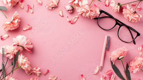Blooming flowers, rimless glasses and mechanical pencil on a pink chalkboard background with copy space for Teacher’s Day or Women’s Day concept photo