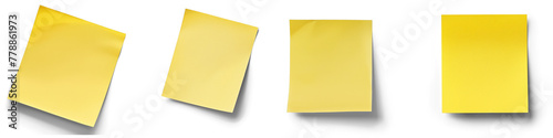 Collection of single yellow sticky note paper cutout with shadow png isolated on white or transparent background