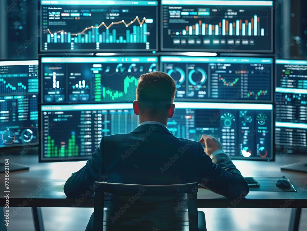 Finance professional analyzing complex data, screens filled with charts and graphs, concentration in the details Finance professional analyzing complex data, screens filled with charts and graphs, concentration in the details