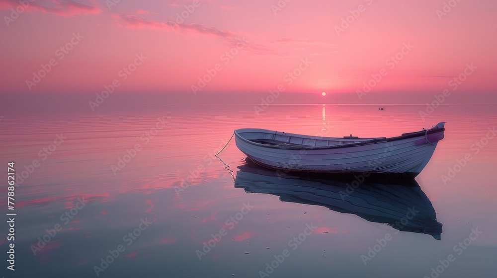   A small boat floats on a tranquil lake beneath a pastel sky and distant sun