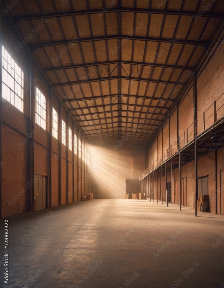 Dramatic sunrays filtering through the high windows of an empty warehouse, highlighting the vast, quiet space within