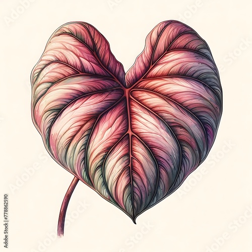 set of leaves on isolated white background, watercolor illustration, pink and green leaves of tropical plants, rose-painted calathea, Caladium Plants