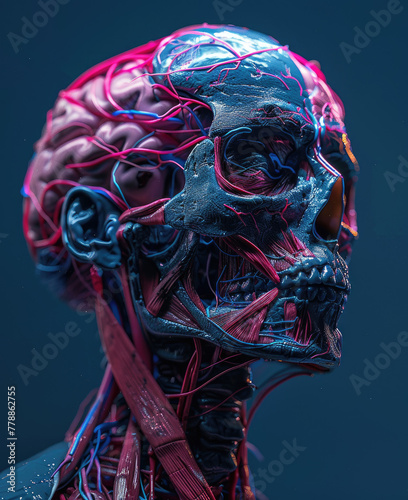 anatomy of the human head and neck, in the style of dark pink and dark azure photo