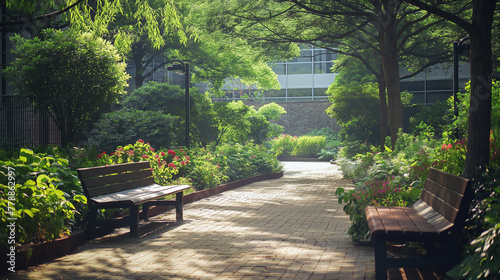 a tranquil hospital garden with lush greenery and a tranquil environment, conducive to the healing and relaxation of patients and staff