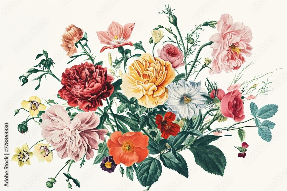 Colorful bouquet of red, pink, yellow and white flowers on a white background illustration Colorful bouquet of red, pink, yellow and white flowers on a white background illustration