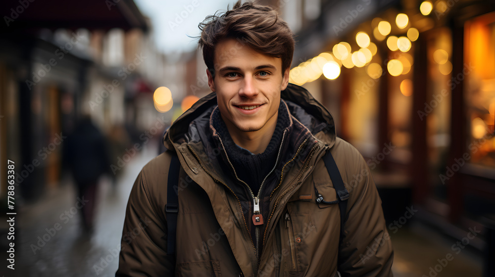 British Charm, Warm Smile Amidst Union Jack Flags. British Charm, Warm Smile Amidst Union Jack Flags.