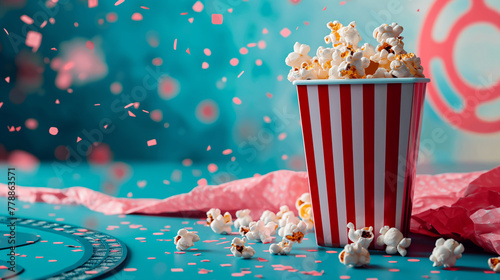 Delicious popcorn spilled from a red striped cardboard box on a movie background with copy space photo