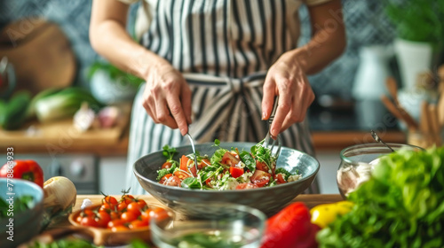 Woman Preparing Organic Salad Sunlit Kitchen Fresh Healthy