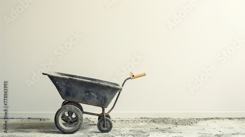 Empty wheelbarrow against a plain light wall, symbolizing simplicity in labor.  photo