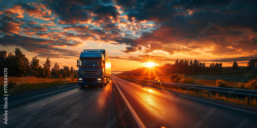 Transport Truck Driving at Sunrise , On The Move, Logistics Highway Delivery Freight