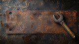 Rusty wrench on a weathered metal background.