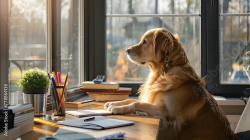 golden retriever is seated at a table in a library photo