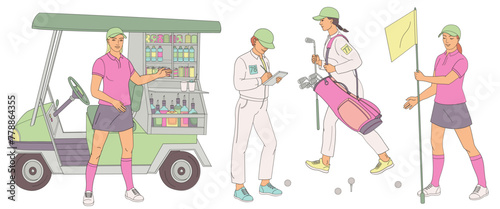 golf club staff part 1 female caddie, beverage cart, caddy girls with flag, golf bag, clubs, golf clash notebook