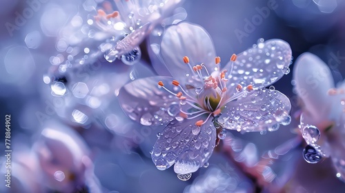 Close-up view of refreshing dew drops adorning the delicate petals of hydrangea flowers in soft light.