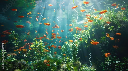 A closed aquatic ecosystem with a variety of fish  plants  and microorganisms interacting in a balanced underwater world 