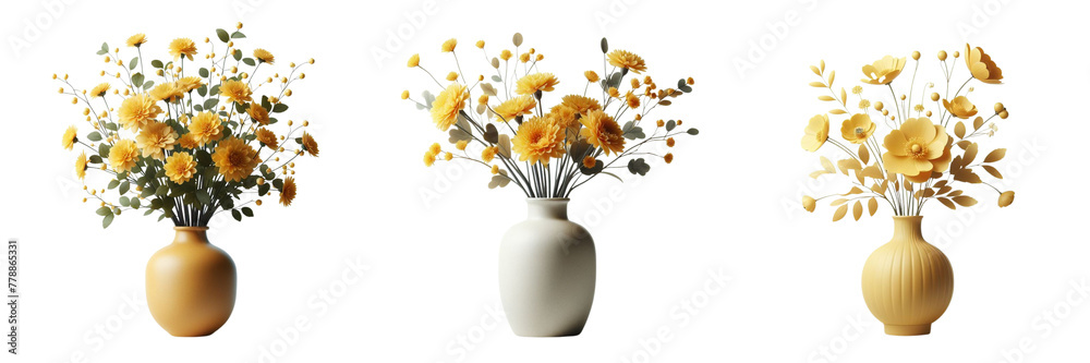 set of yellow flowers in a vase isolated on a JPG or transparent PNG background
