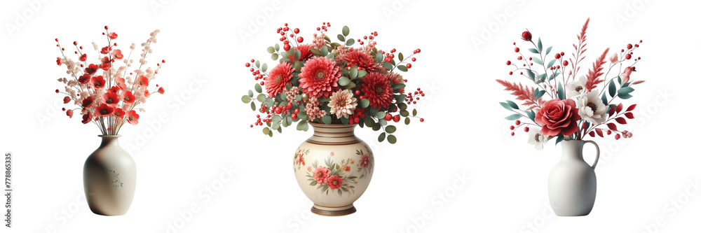 set of red flowers in a vase isolated on a JPG or transparent PNG background