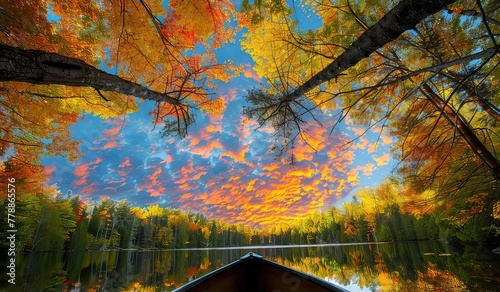 Sunny autumn landscape with woods blue sky over the lake in Wheeling Township of Illinois photo