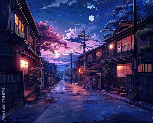 A beautiful city town in the evening. houses at the street. anime comics artstyle. cozy lofi asian architecture. AI Generative photo