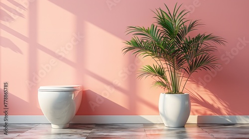 Interior of a bathroom with pink color wall in backdrop with a indoor plant and sunlight coming from window, Generative AI.