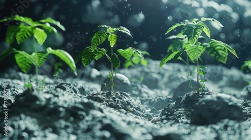 A closed lunar ecosystem simulation with moon rocks, lunar soil, and plants adapted to low gravity conditions, creating a futuristic extraterrestrial environment, photo