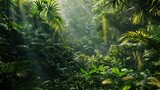A closed rainforest ecosystem model with a dense canopy, diverse plant life, and small animals thriving in a controlled tropical environment,