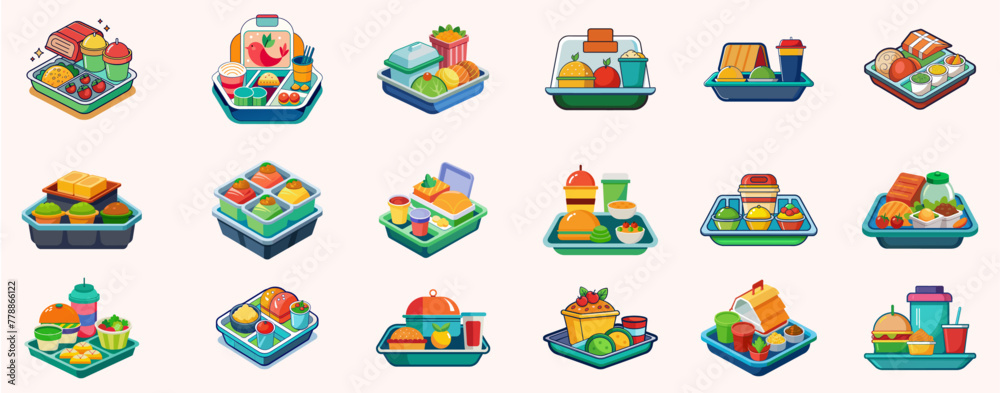 Fototapeta premium set of icons, container, tray with meals, Vector illustration. Isolated elements, design templates. Healthy food concept