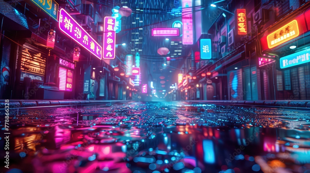 A vibrant city street bathed in neon lights reflecting on wet pavements, capturing the dynamic life of the city.