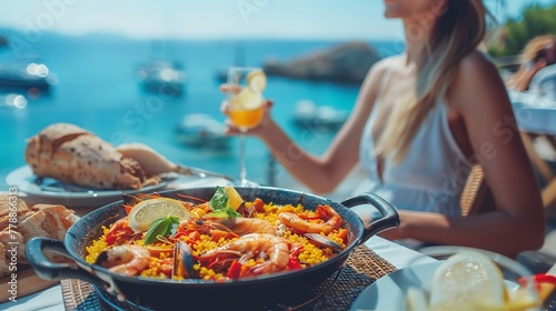 Woman eating paella traditional spanish dish with a blurry backdrop and beautiful sea view with space for text or product, Generative AI.