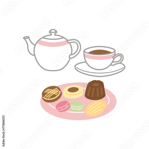 ティーセットと焼き菓子のイラスト（カラー）