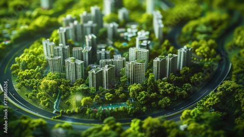 A closed urban ecosystem model with miniature buildings, roads, and green spaces, illustrating a self-contained city environment with integrated nature,