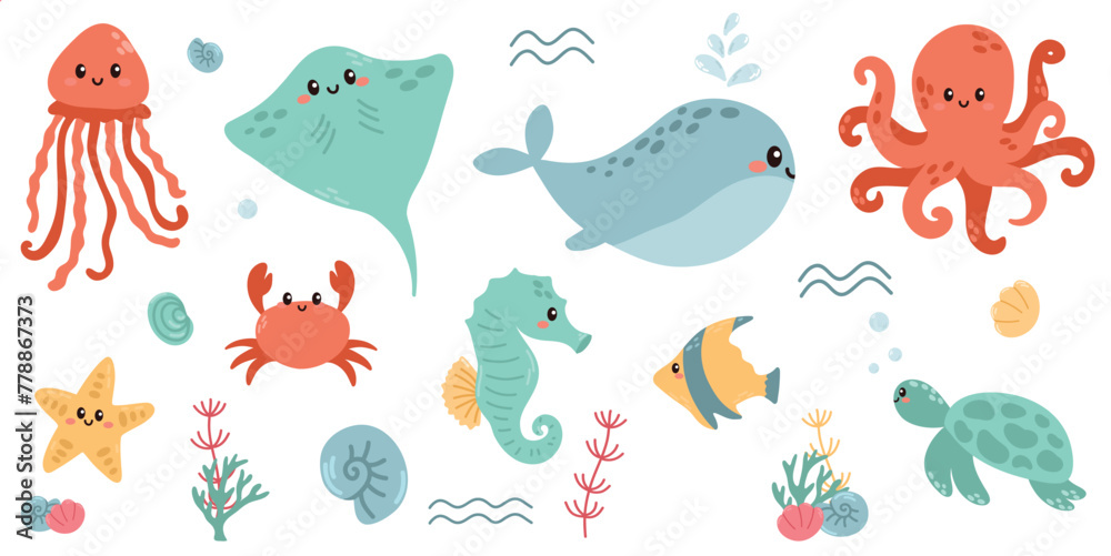 Set with hand drawn sea life elements. Sea animals. Vector doodle cartoon set of marine life objects for your design.