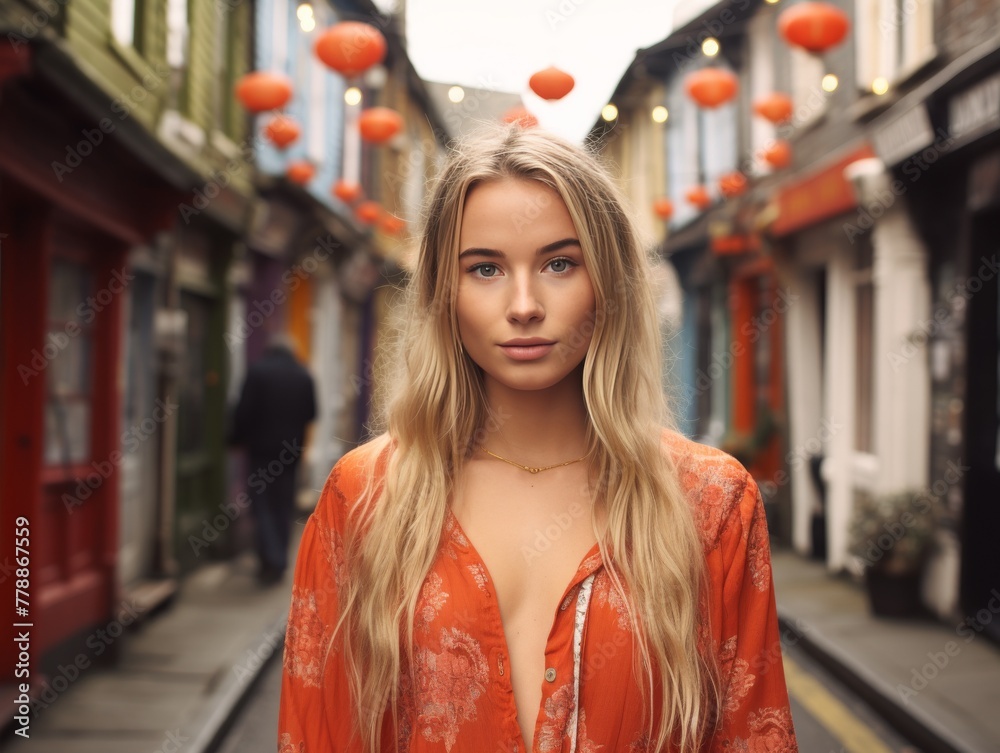 Woman Standing in Narrow Alleyway Woman Standing in Narrow Alleyway