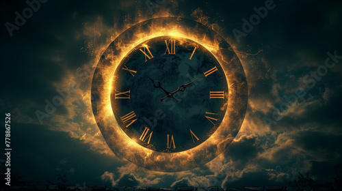 Eclipse countdown wallpaper combination of wall clock and solar eclipse., dark, mysterious, anticipation, celestial event photo