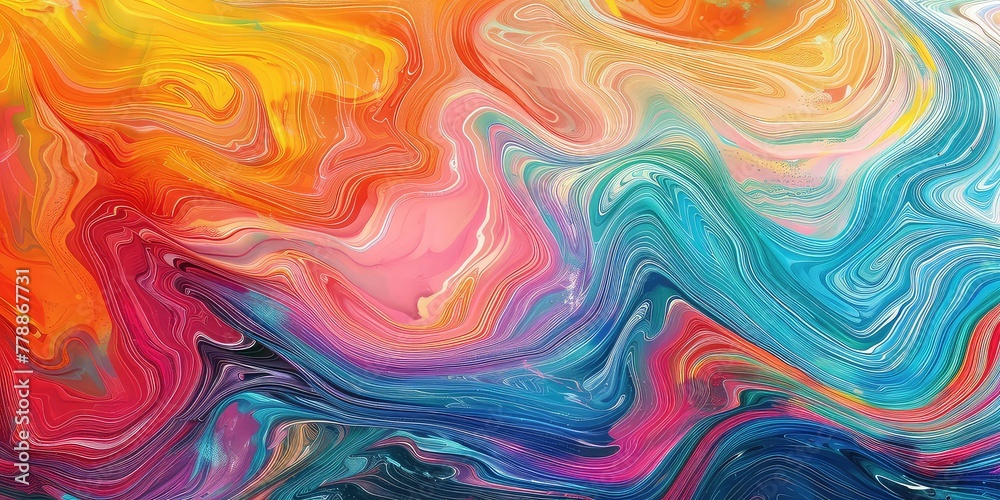 Abstract marbled acrylic paint ink painted waves painting texture colorful background banner - Bold colors, rainbow color swirls wave