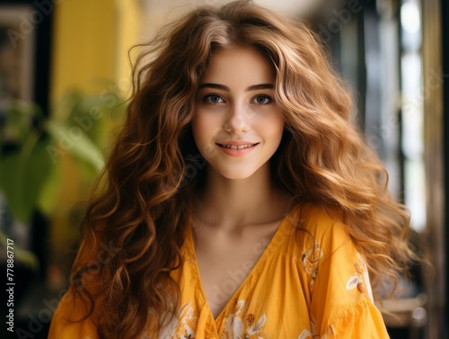 Woman With Long, Curly Hair Wearing a Yellow Top
