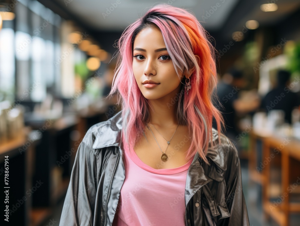 Woman With Pink Hair Standing in a Restaurant