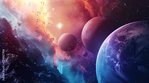 Cinematic galaxy with vibrant planets and stars photo