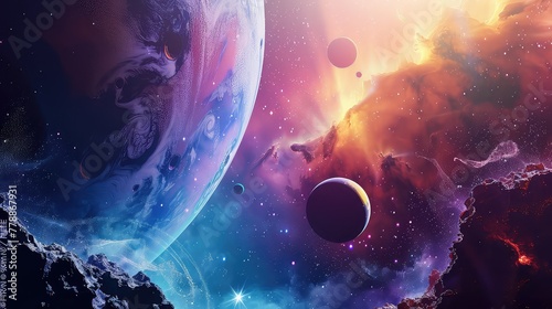 Cinematic galaxy with vibrant planets and stars photo