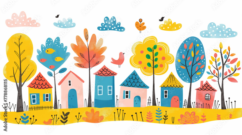 Colorful cartoon trees, houses and clouds, simple lines, flat style illustrations.