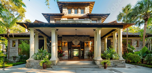 A majestic craftsman-style home surrounded by lush flora, including a grand entrance framed by towering pillars © Stone Shoaib