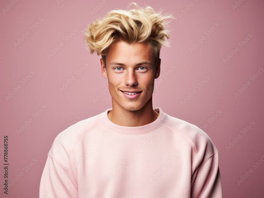 Man With Blonde Hair Wearing Pink Sweater Man With Blonde Hair Wearing Pink Sweater