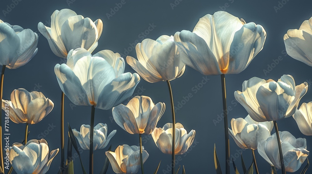   A field of white tulips against a blue sky with white flowers in the foreground