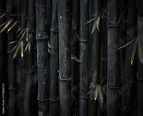 Create a detailed and crisp image of black bamboo against a dark background showcasing its intricate textures and shades