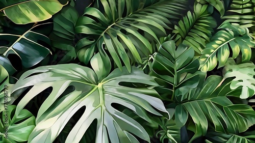 Group background of dark green tropical leaves ( monstera, palm, coconut leaf, fern, palm leaf,banana leaf) Panorama background. concept of nature