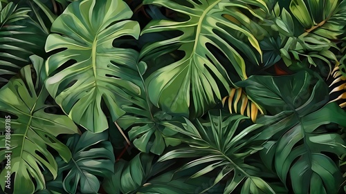 Group background of dark green tropical leaves   monstera  palm  coconut leaf  fern  palm leaf banana leaf  Panorama background. concept of nature