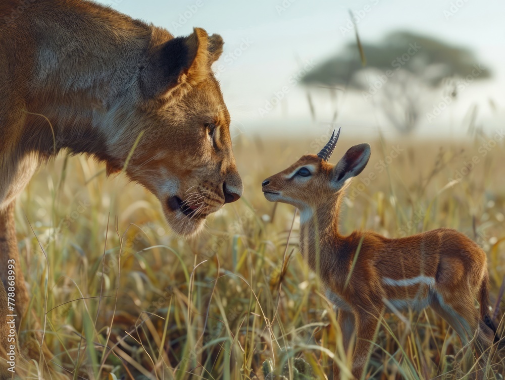 Obraz premium Majestic Lioness Gently Interacting with a Young Antelope in a Serene Savanna Landscape at Sunset
