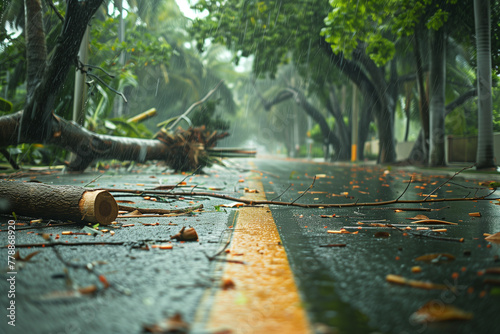 Hurricane. Fallen trees on the road